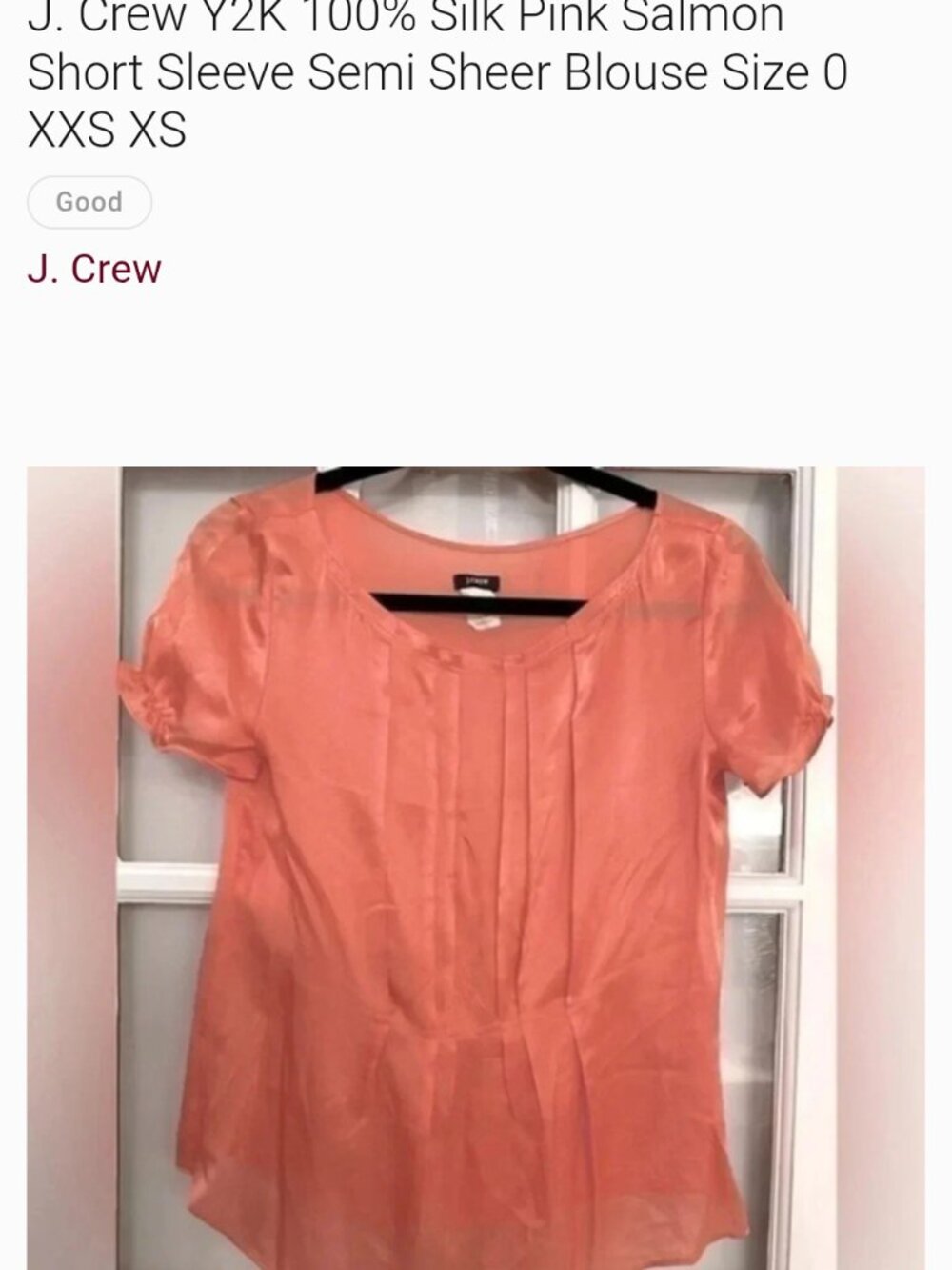 J. Crew Y2K 100% Silk Pink Salmon Short Sleeve Semi Sheer Blouse Size 0 XXS XS